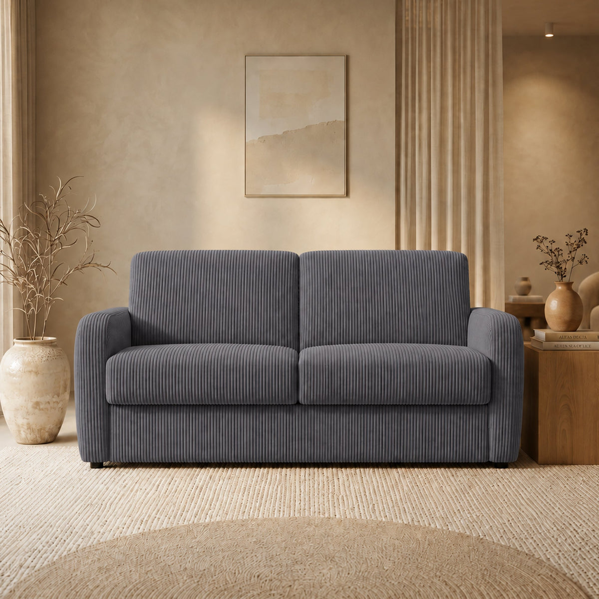 OLIVIER Canapé 3 places convertible en velours côtelé anthracite matelas Memory 14 cm - Canapés convertibles - Mobilier Deco