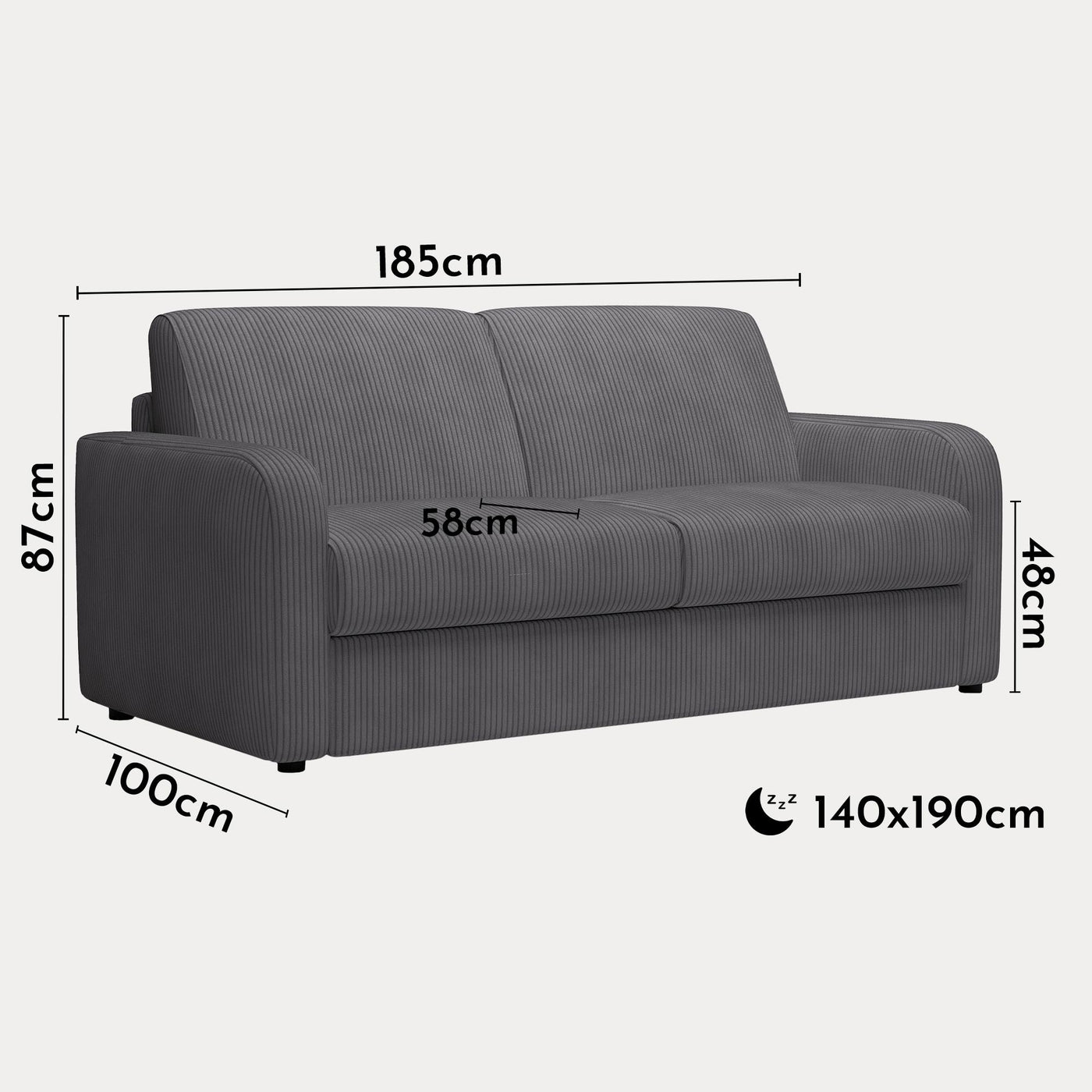 OLIVIER Canapé 3 places convertible en velours côtelé anthracite matelas Memory 14 cm - Canapés convertibles - Mobilier Deco