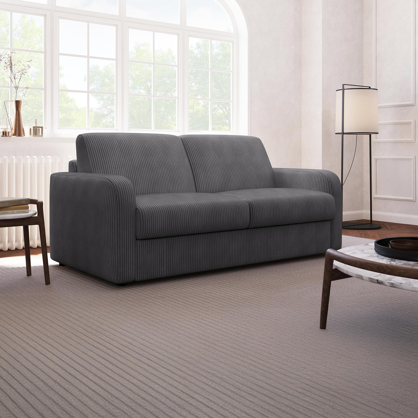 OLIVIER Canapé 3 places convertible en velours côtelé anthracite matelas Memory 14 cm - Canapés convertibles - Mobilier Deco