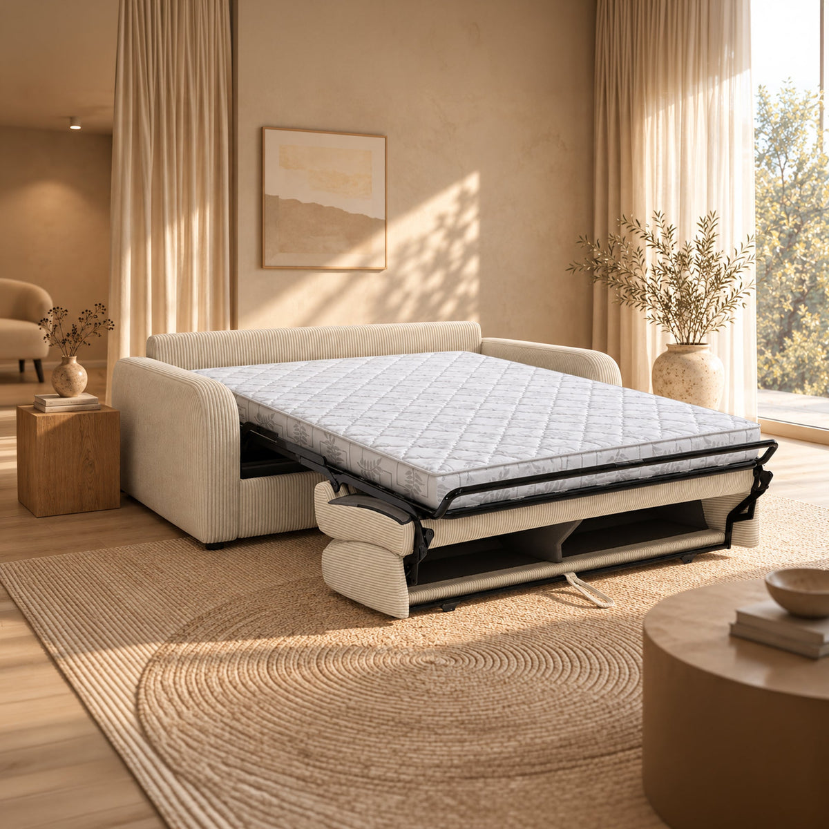 OLIVIER Canapé 3 places convertible en velours côtelé beige matelas Memory 14 cm - Canapés convertibles - Mobilier Deco