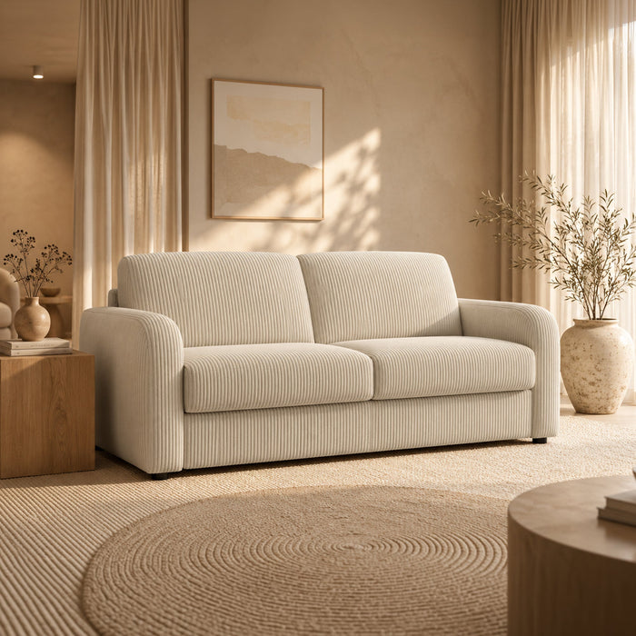 OLIVIER Canapé 3 places convertible en velours côtelé beige matelas Memory 14 cm – Canapés convertibles Mobilier Deco