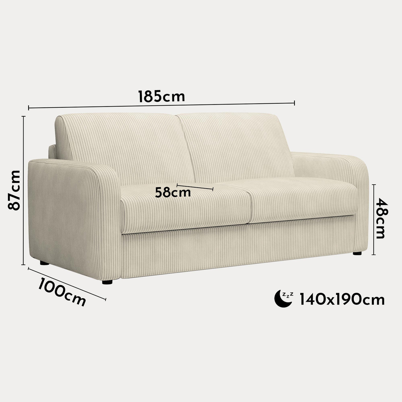 OLIVIER Canapé 3 places convertible en velours côtelé beige matelas Memory 14 cm - Canapés convertibles - Mobilier Deco