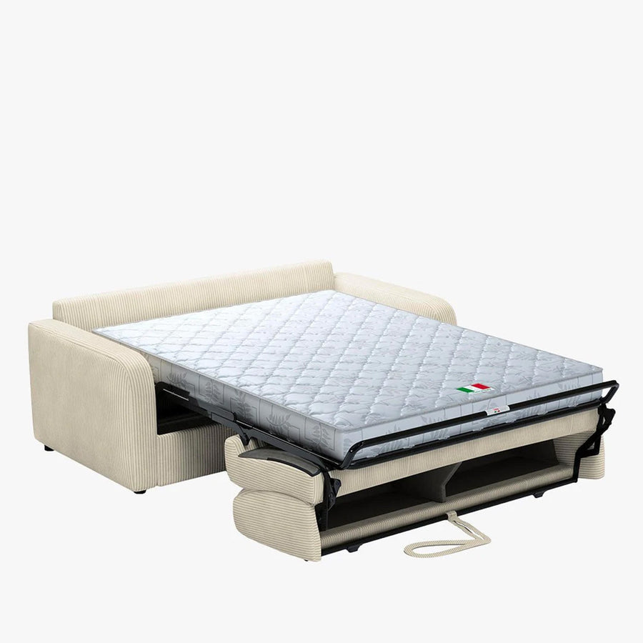 OLIVIER Canapé 3 places convertible en velours côtelé beige matelas Memory 14 cm — aperçu vidéo
