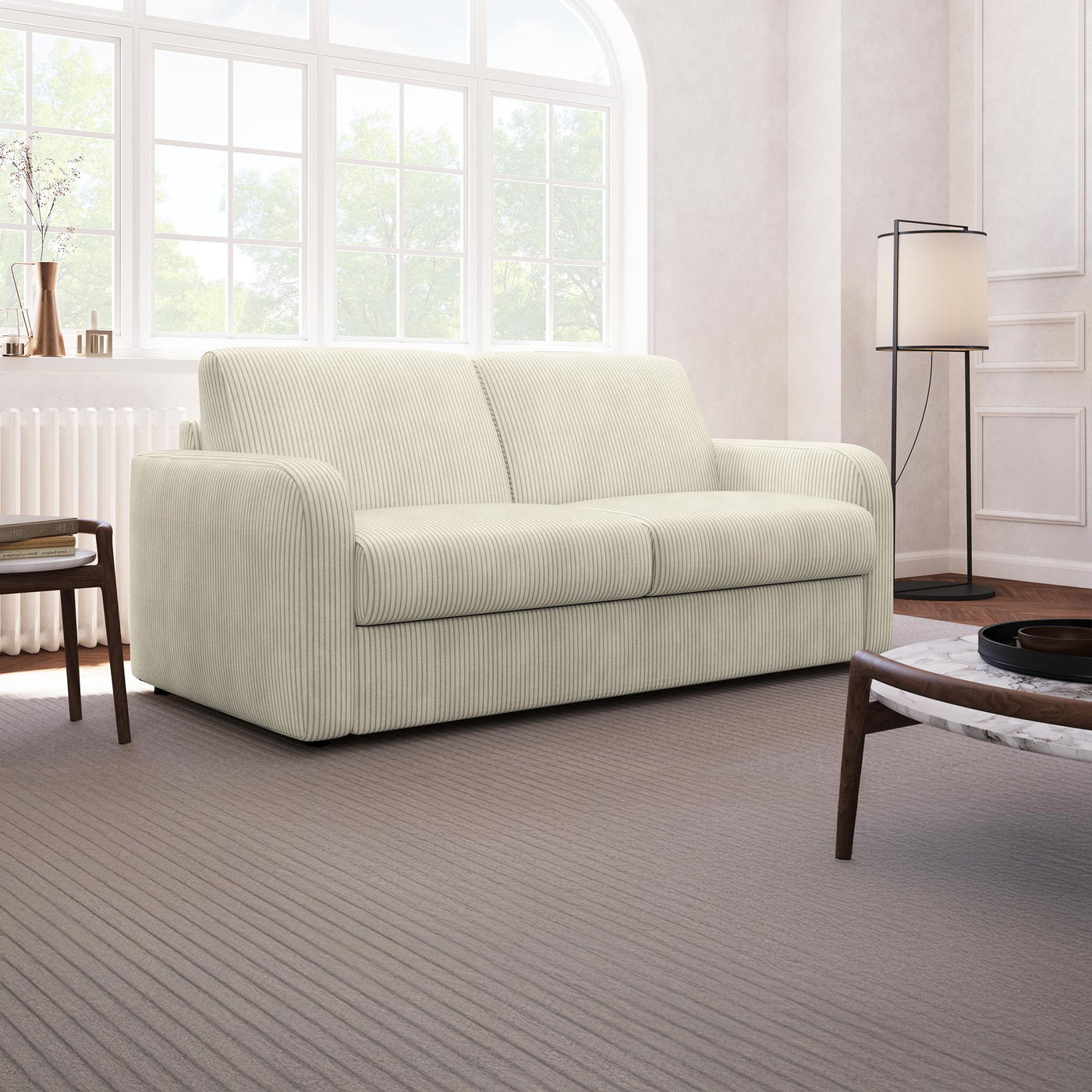 OLIVIER Canapé 3 places convertible en velours côtelé beige matelas Memory 14 cm - Canapés convertibles - Mobilier Deco