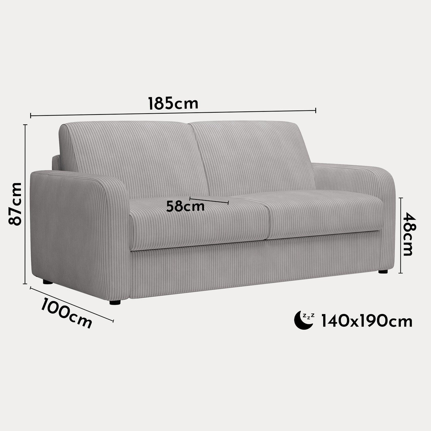 OLIVIER Canapé 3 places convertible en velours côtelé gris matelas Memory 14 cm - Canapés convertibles - Mobilier Deco