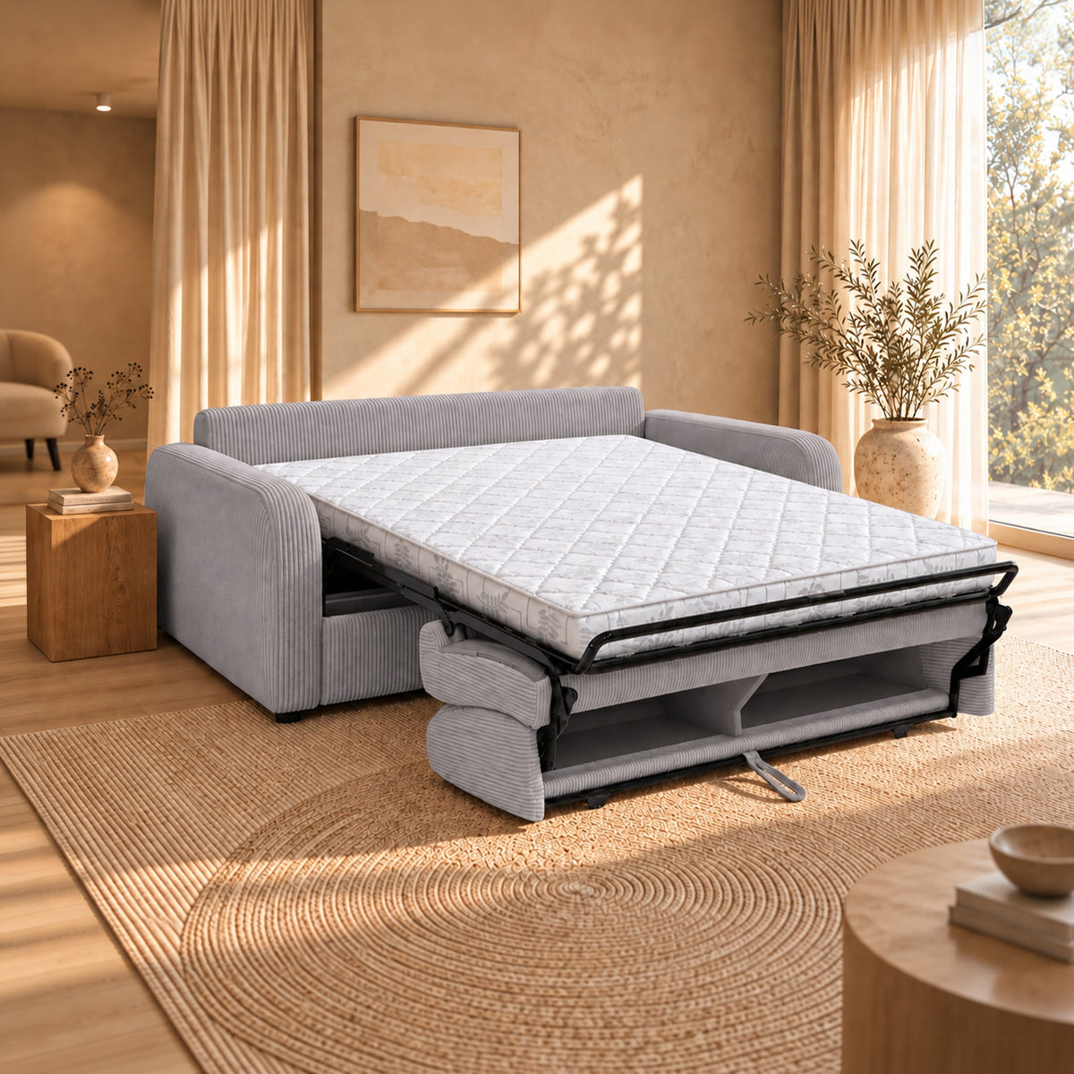 OLIVIER Canapé 3 places convertible en velours côtelé gris matelas Memory 14 cm - Canapés convertibles - Mobilier Deco