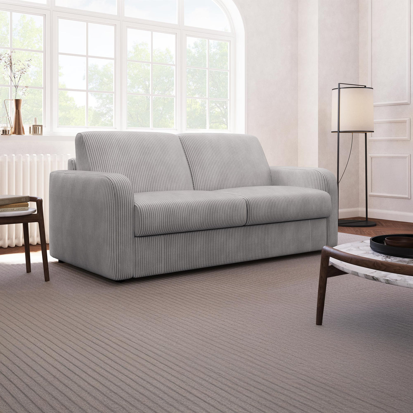 OLIVIER Canapé 3 places convertible en velours côtelé gris matelas Memory 14 cm - Canapés convertibles - Mobilier Deco