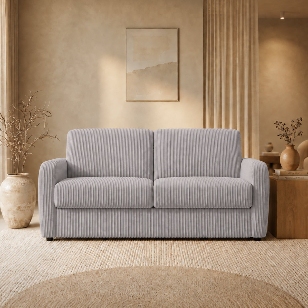OLIVIER Canapé 3 places convertible en velours côtelé gris matelas Memory 14 cm - Canapés convertibles - Mobilier Deco