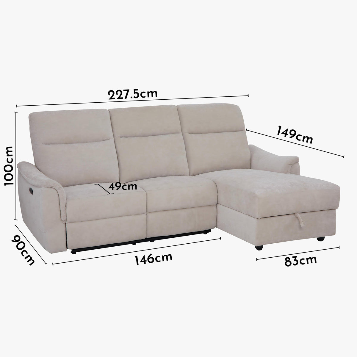 ORION Canapé d'angle convertible avec coffre en tissu relax électrique beige - Angle droit - Canapé relax - Mobilier Deco