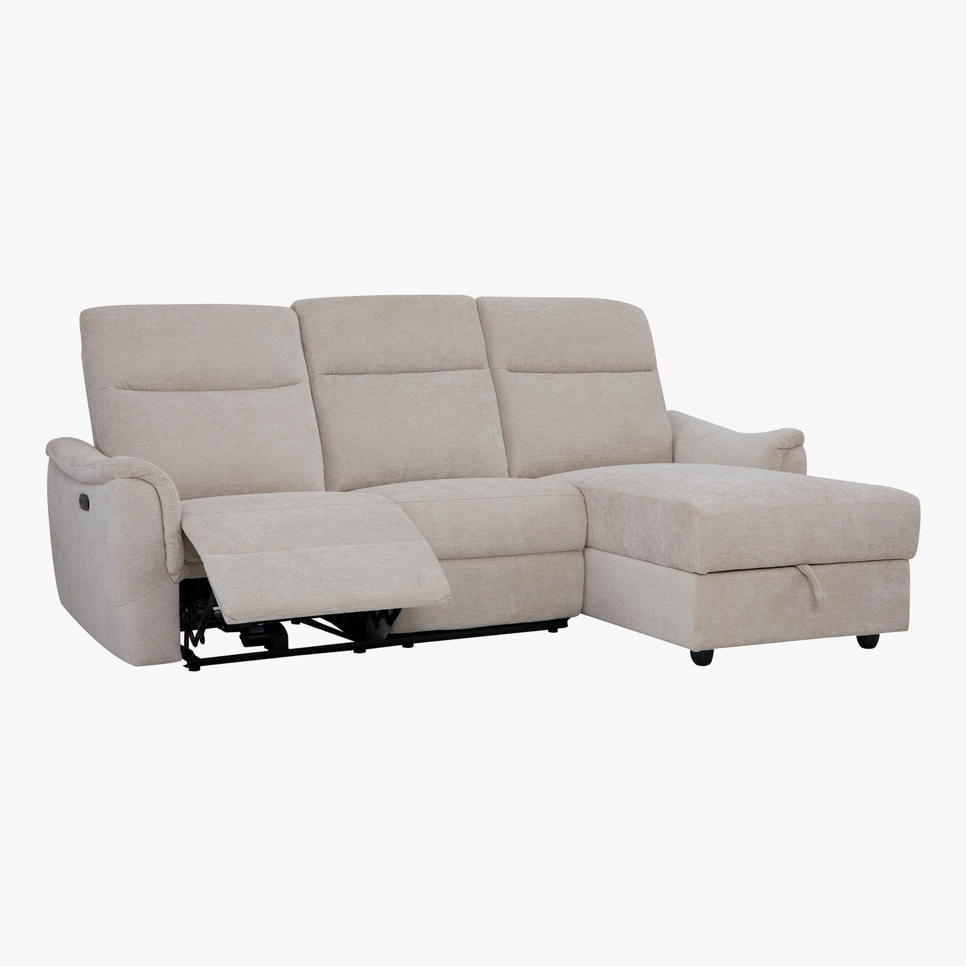 ORION Canapé d'angle convertible avec coffre en tissu relax électrique beige - Angle droit - Canapé relax - Mobilier Deco