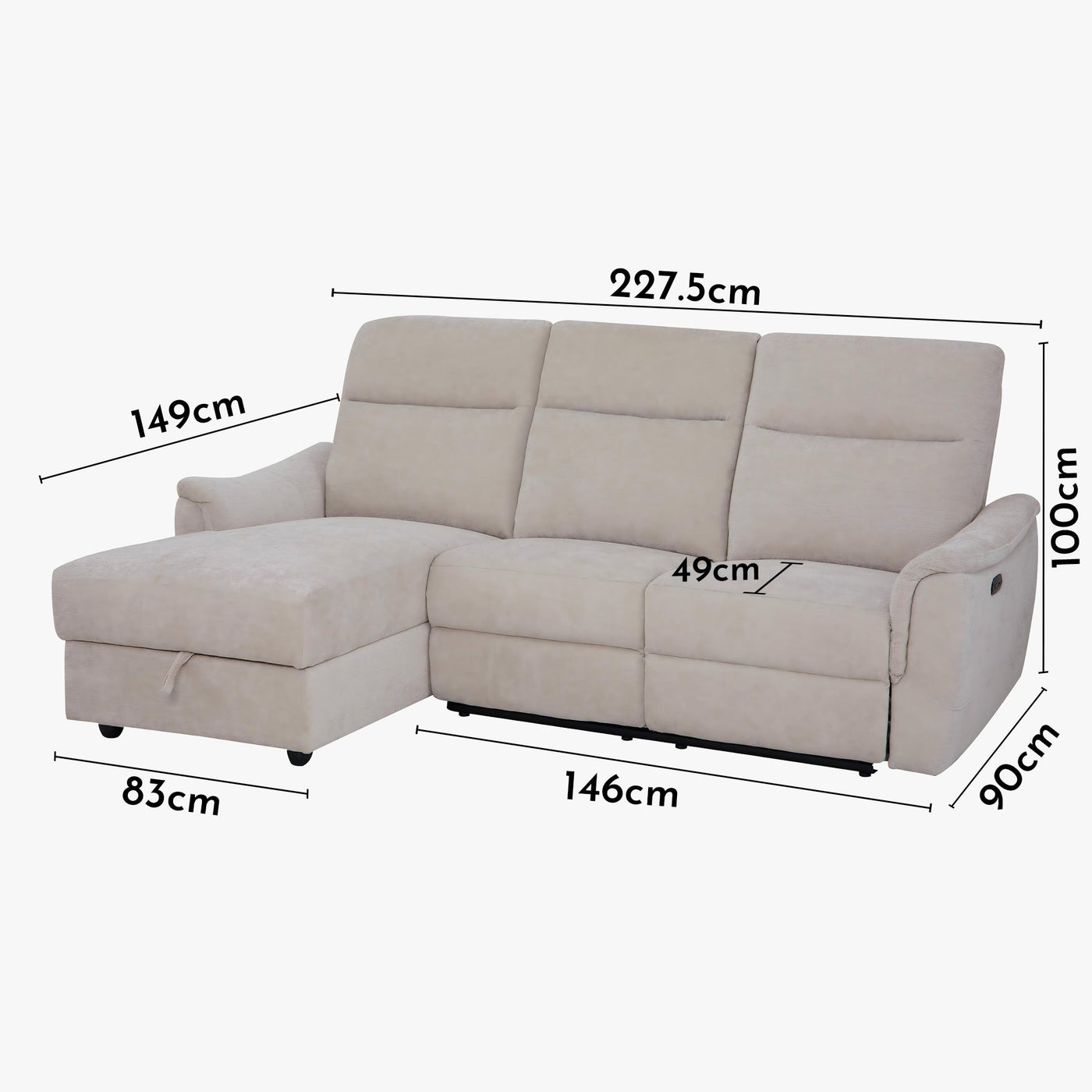 ORION Canapé d'angle convertible avec coffre en tissu relax électrique beige - Angle gauche - Canapé relax - Mobilier Deco