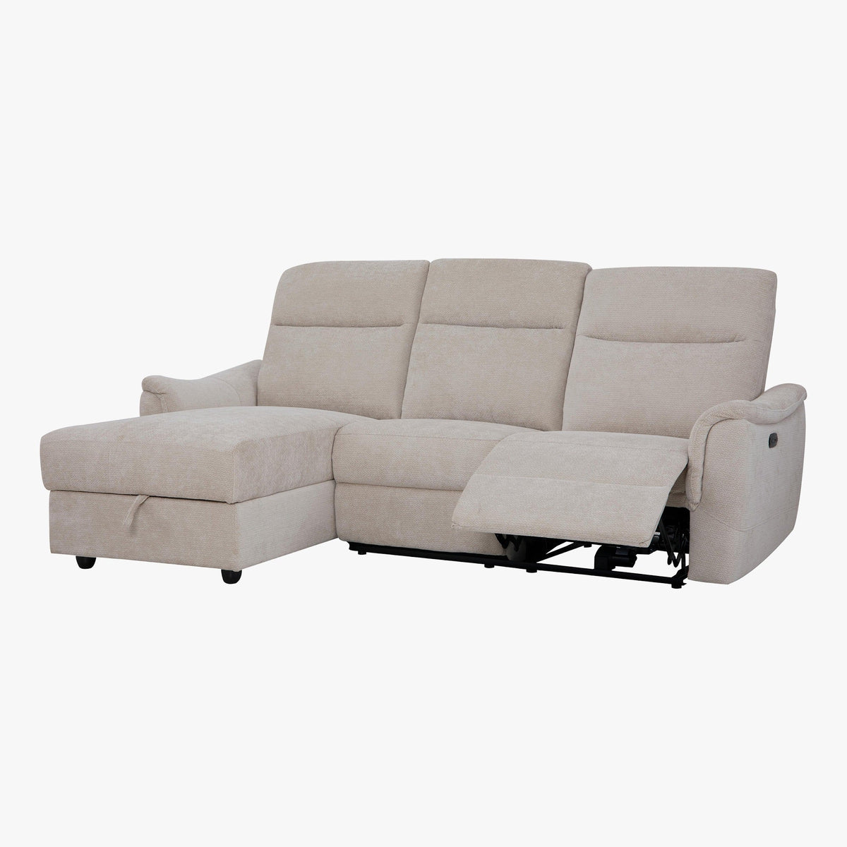 ORION Canapé d'angle convertible avec coffre en tissu relax électrique beige - Angle gauche - Canapé relax - Mobilier Deco