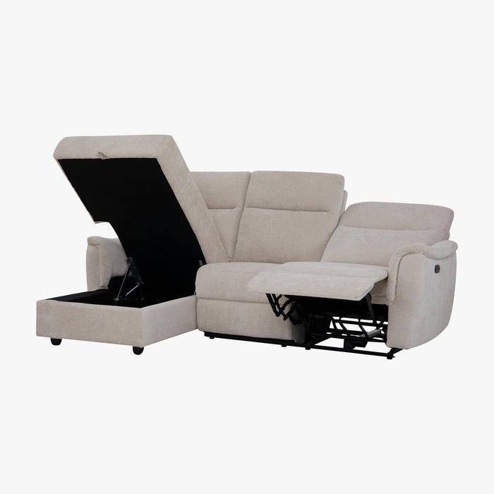 ORION Canapé d'angle relax électrique avec coffre en tissu beige  - Angle gauche