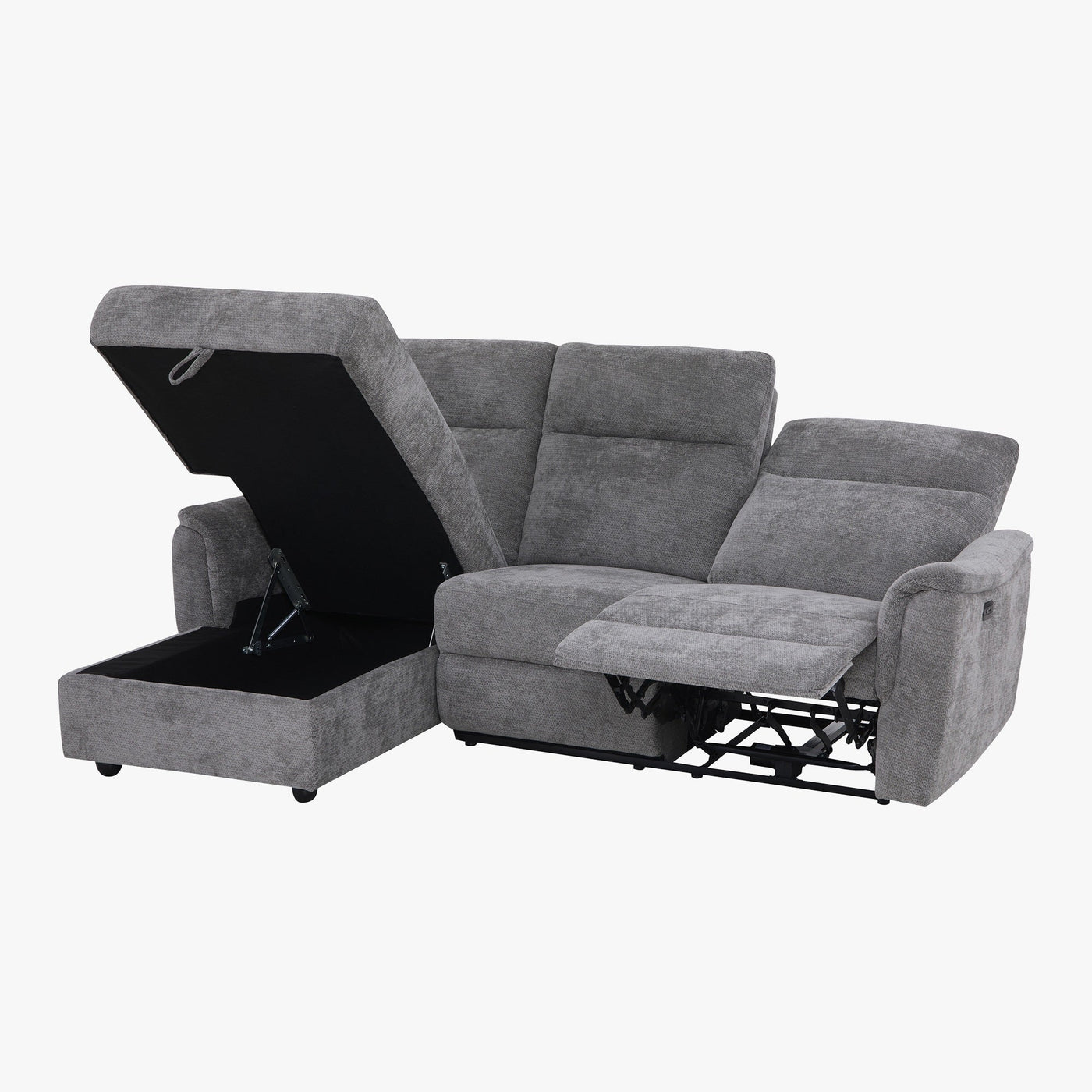 ORION Canapé d'angle convertible avec coffre en tissu relax électrique gris - Angle gauche - Canapé relax - Mobilier Deco