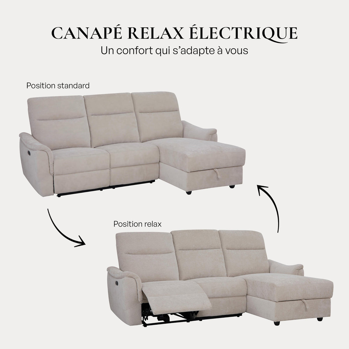 ORION Canapé d'angle relax électrique avec coffre en tissu beige - Angle droit - Canapé relax - Mobilier Deco