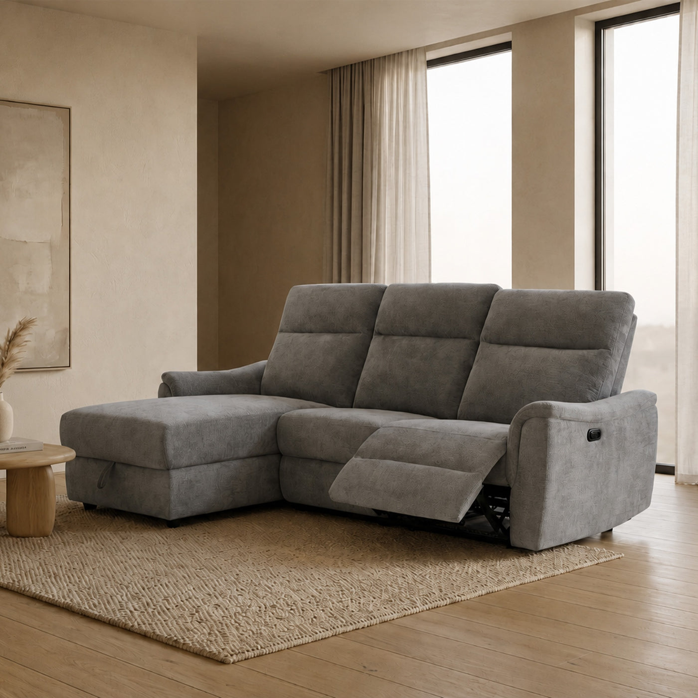 ORION Canapé d'angle convertible avec coffre en tissu relax électrique gris - Angle gauche