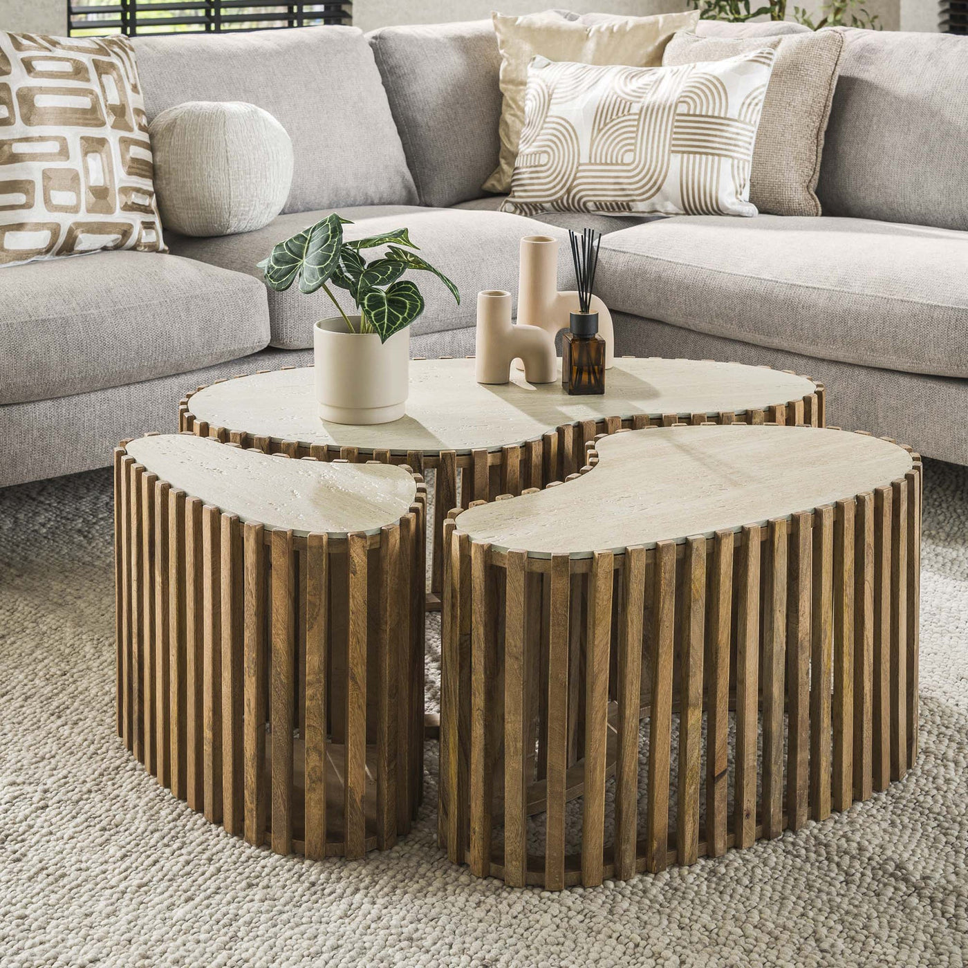 ORSA Lot de 3 tables en céramique beige et bois de manguier massif - Table basse - Mobilier Deco