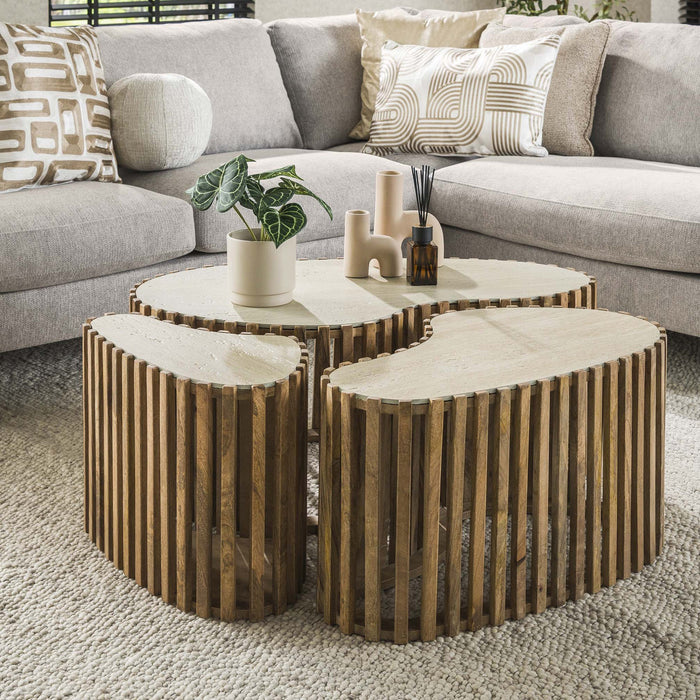 ORSA Lot de 3 tables en céramique beige et bois de manguier massif – Table basse Mobilier Deco