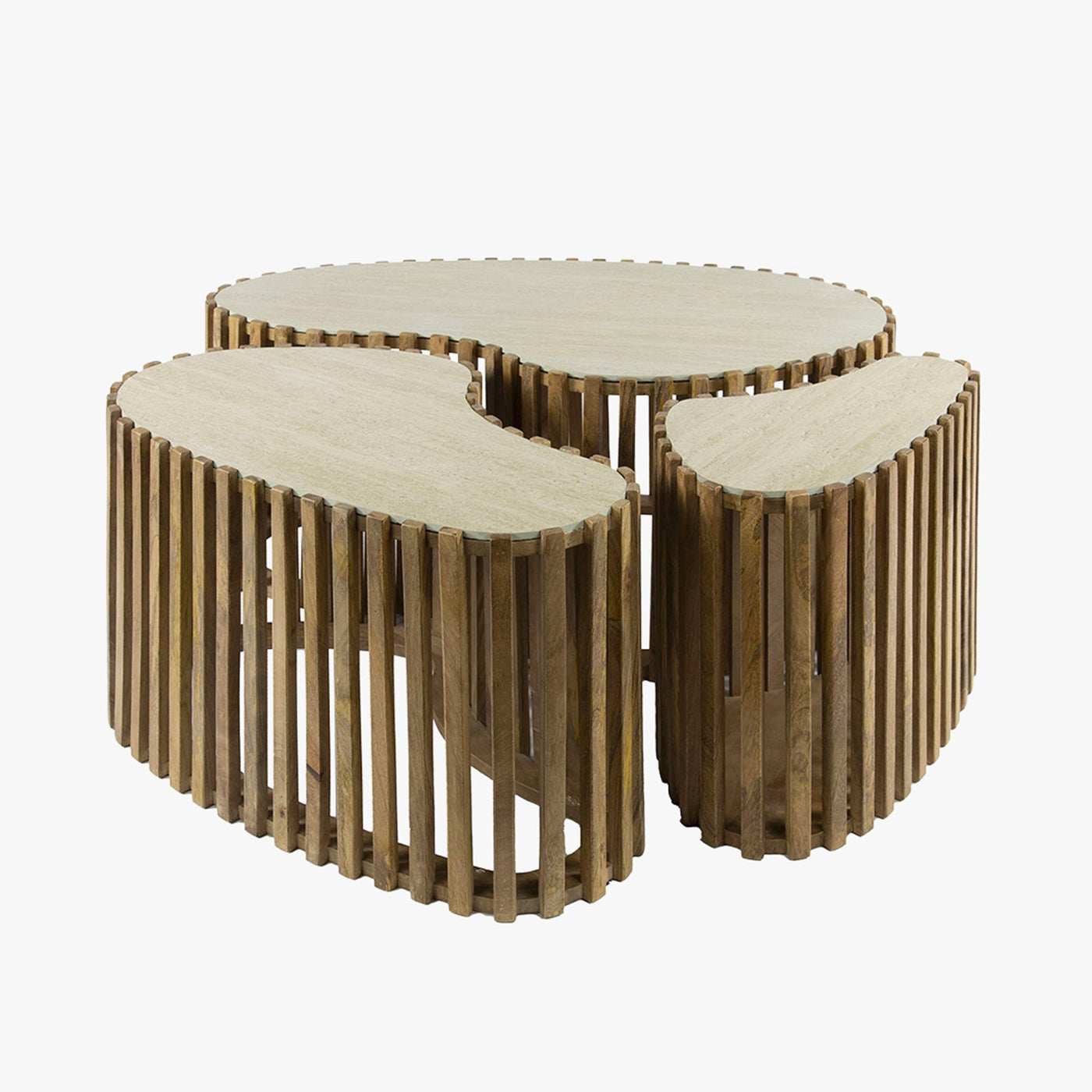 ORSA Lot de 3 tables en céramique beige et bois de manguier massif - Table basse - Mobilier Deco