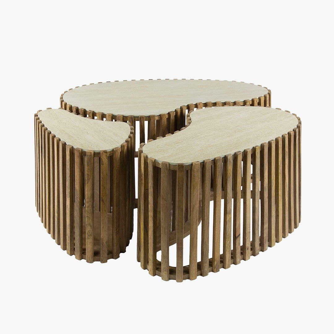 ORSA Lot de 3 tables en céramique beige et bois de manguier massif - Table basse - Mobilier Deco