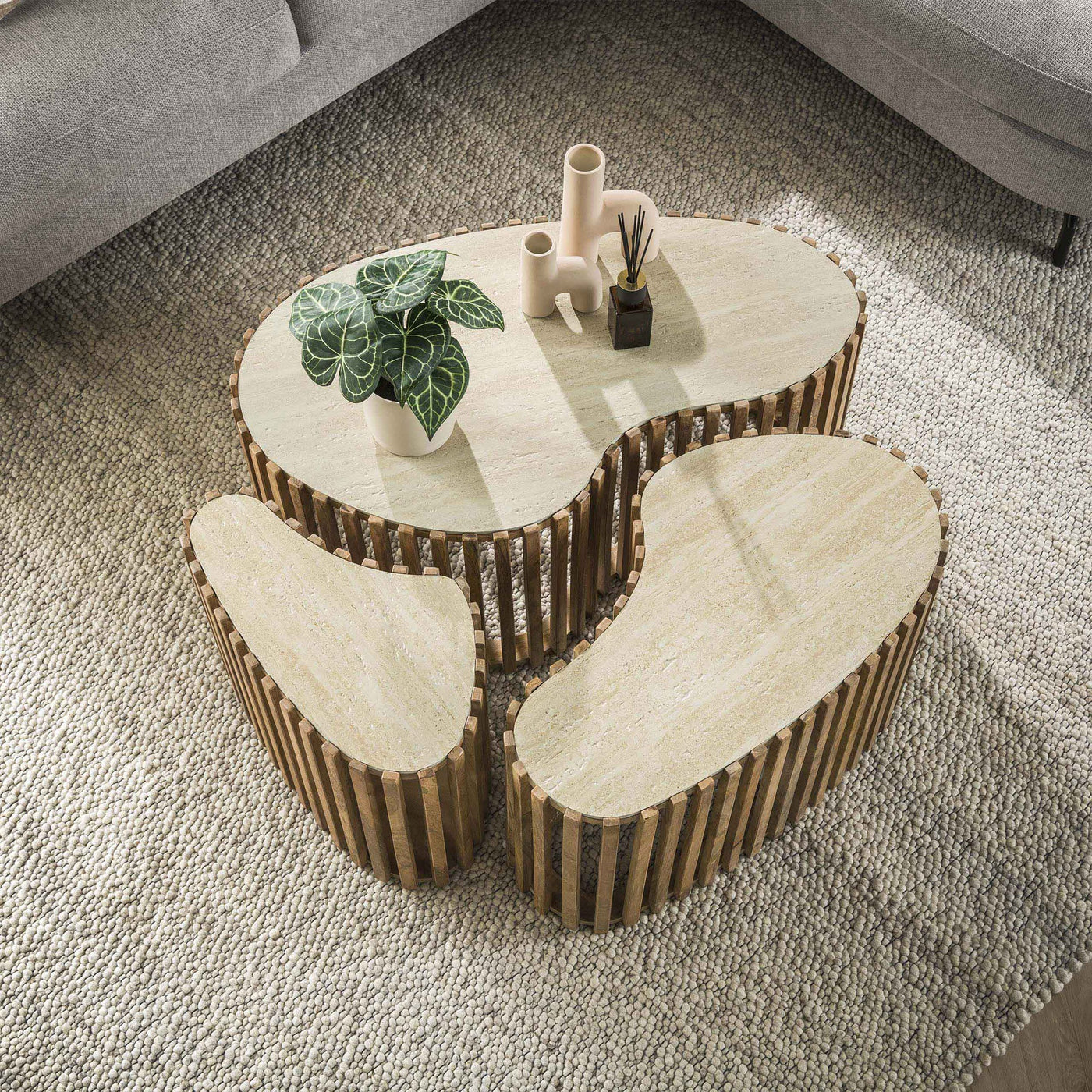 ORSA Lot de 3 tables en céramique beige et bois de manguier massif - Table basse - Mobilier Deco