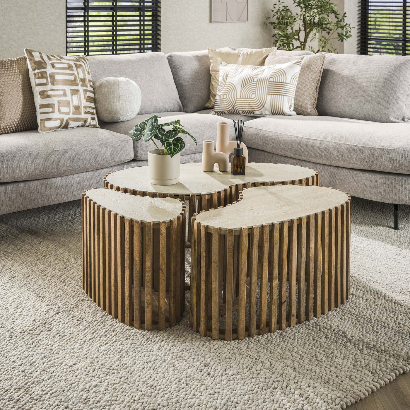 ORSA Lot de 3 tables en céramique beige et bois de manguier massif - Table basse - Mobilier Deco