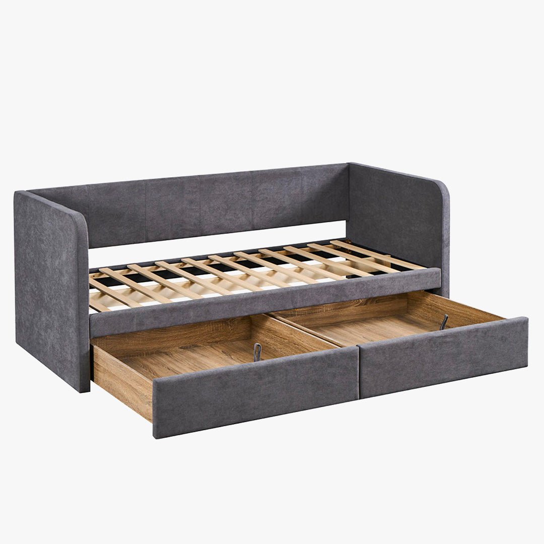 PARMA Lit simple en tissu gris avec 2 tiroirs 90x200 cm - Lit enfant - Mobilier Deco