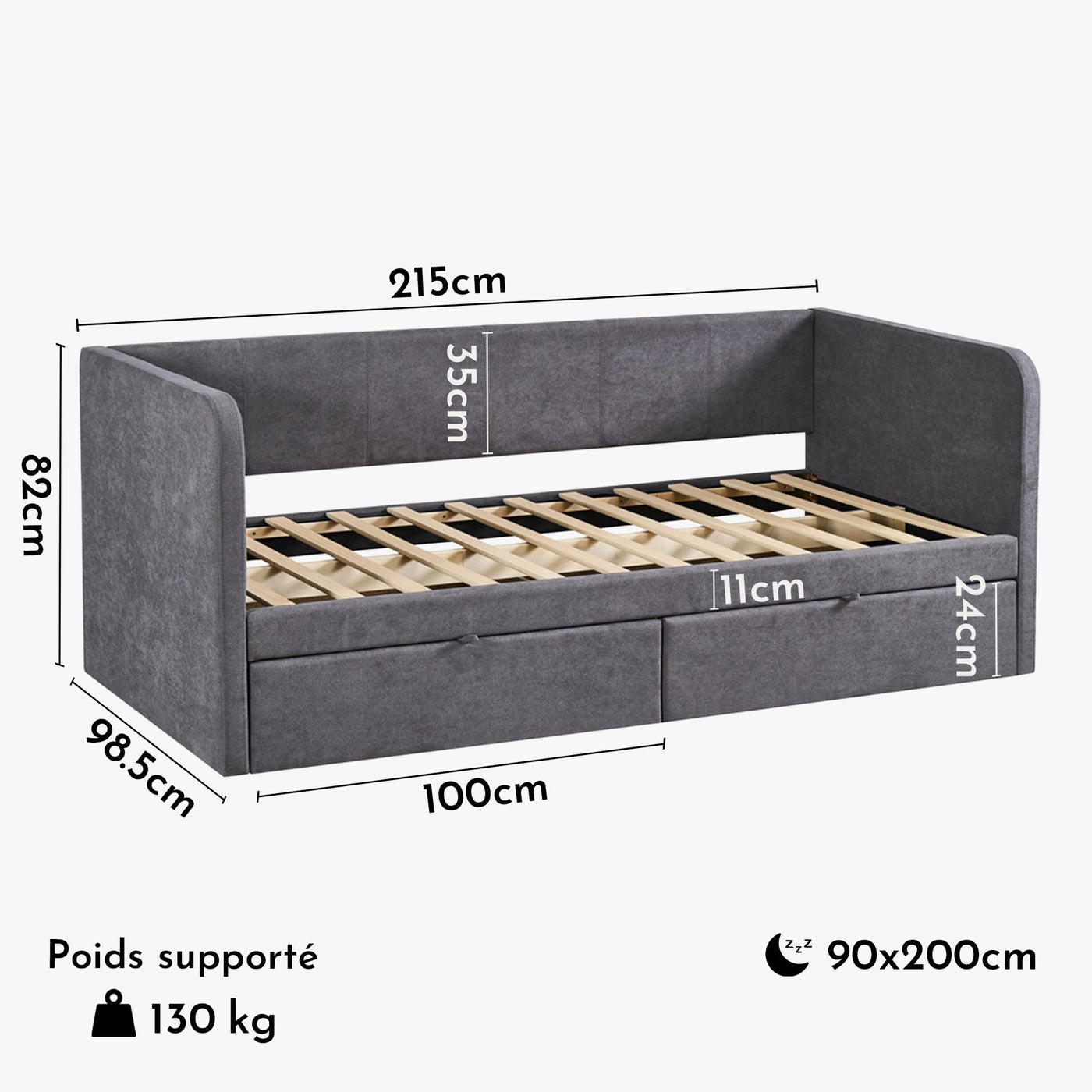 PARMA Lit simple en tissu gris avec 2 tiroirs 90x200 cm - Lit enfant - Mobilier Deco