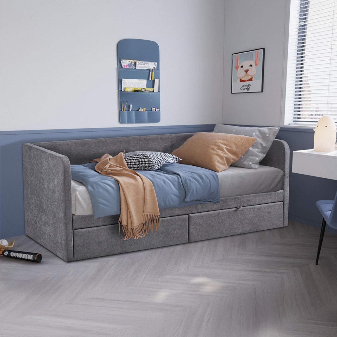 PARMA Lit simple en tissu gris avec 2 tiroirs 90x200 cm - Lit enfant - Mobilier Deco