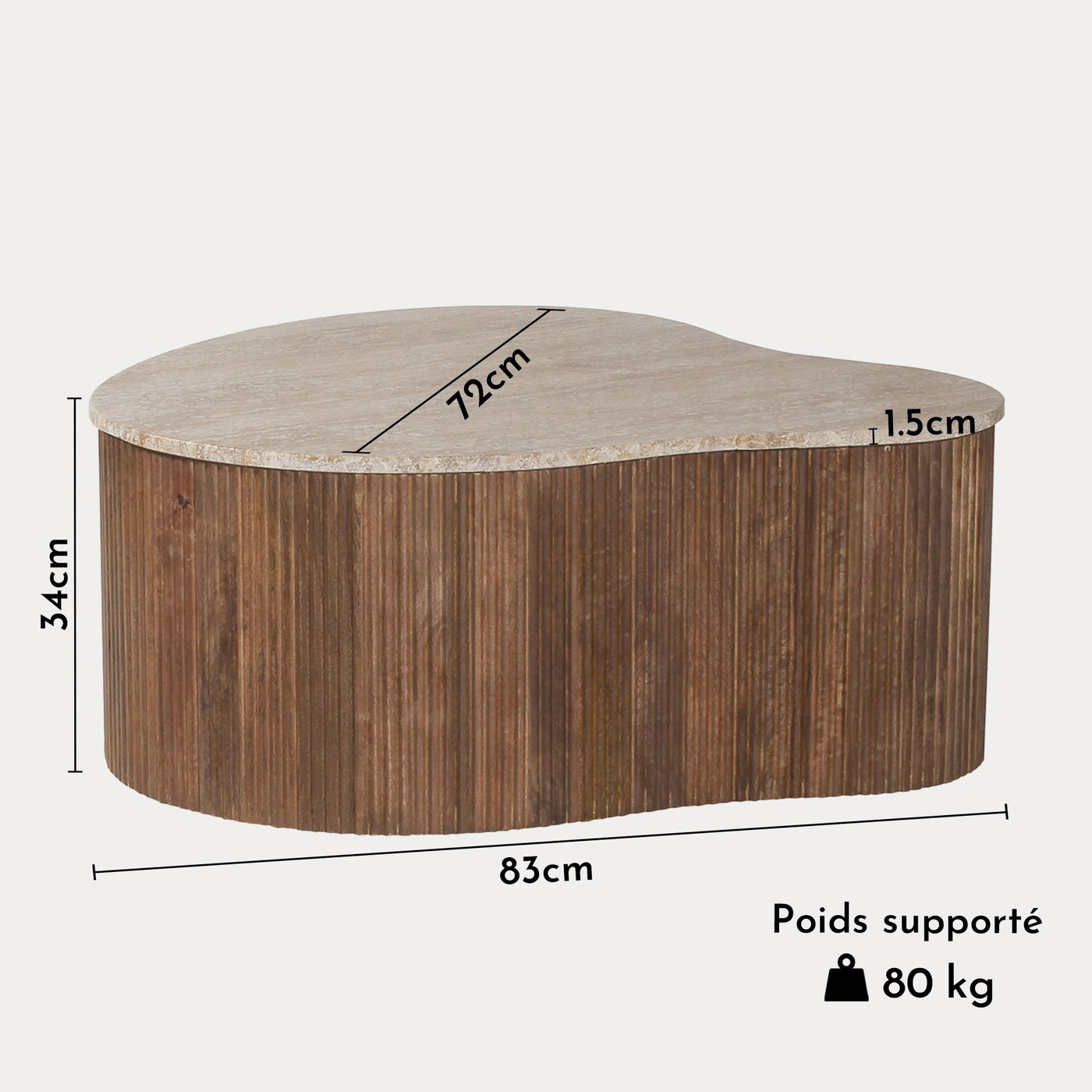 PAUL Table basse en travertin et bois de manguier 83 cm - Table basse - Mobilier Deco