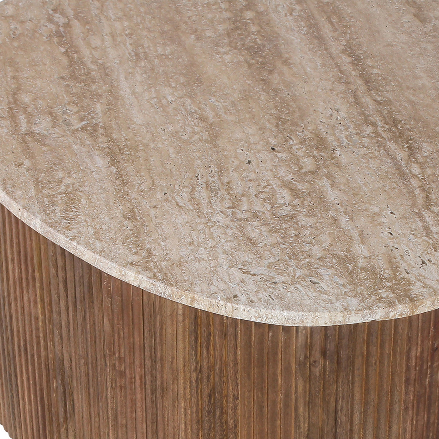 PAUL Table basse en travertin et bois de manguier 83 cm - Table basse - Mobilier Deco