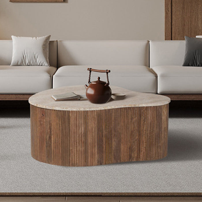 PAUL Table basse en travertin et bois de manguier 83 cm