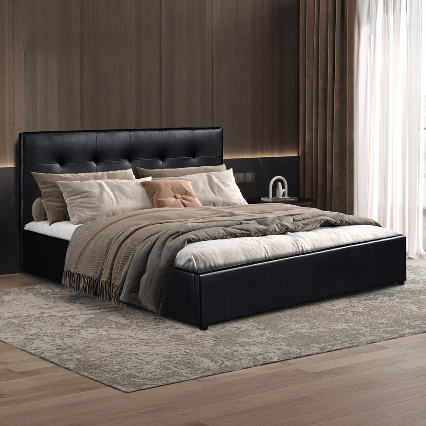 PORTO Lit double en simili cuir noir avec coffre 160x200 cm - Lits - Mobilier Deco