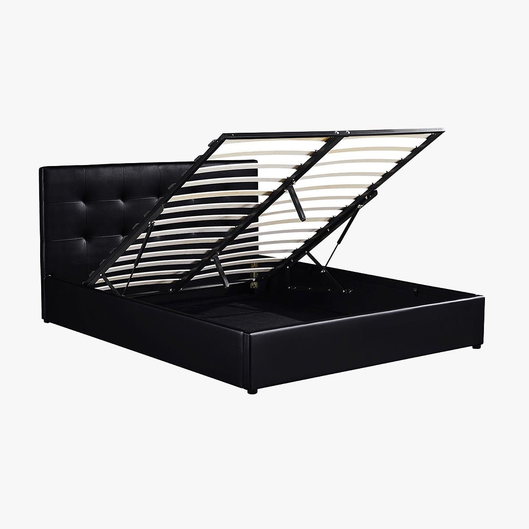 PORTO Lit double en simili cuir noir avec coffre 160x200 cm - Lits - Mobilier Deco