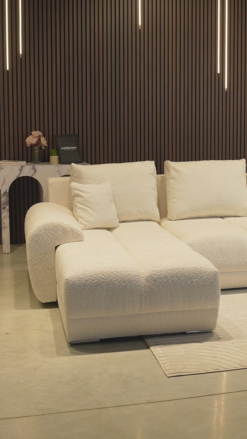 KAMILIA Canapé d'angle convertible avec coffre en tissu beige - Angle gauche