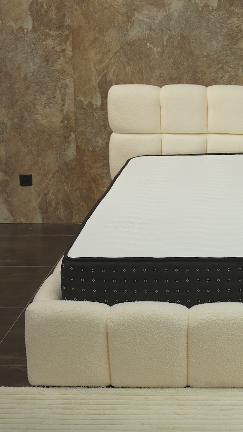 LORY Lit double en tissu bouclette beige avec coffre 160x200 cm