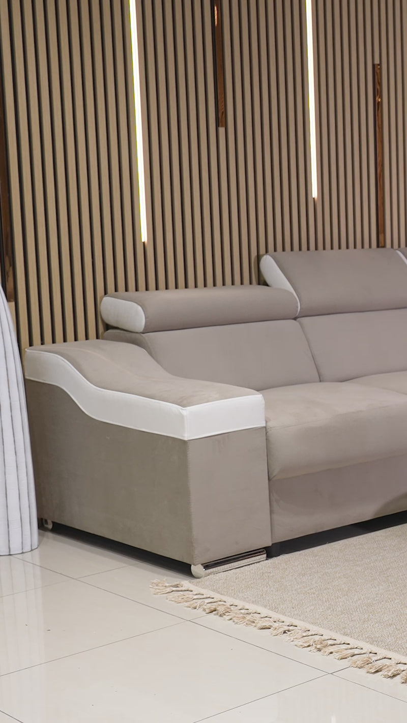 LUCKY Canapé d’angle convertible réversible en tissu noir et simili blanc