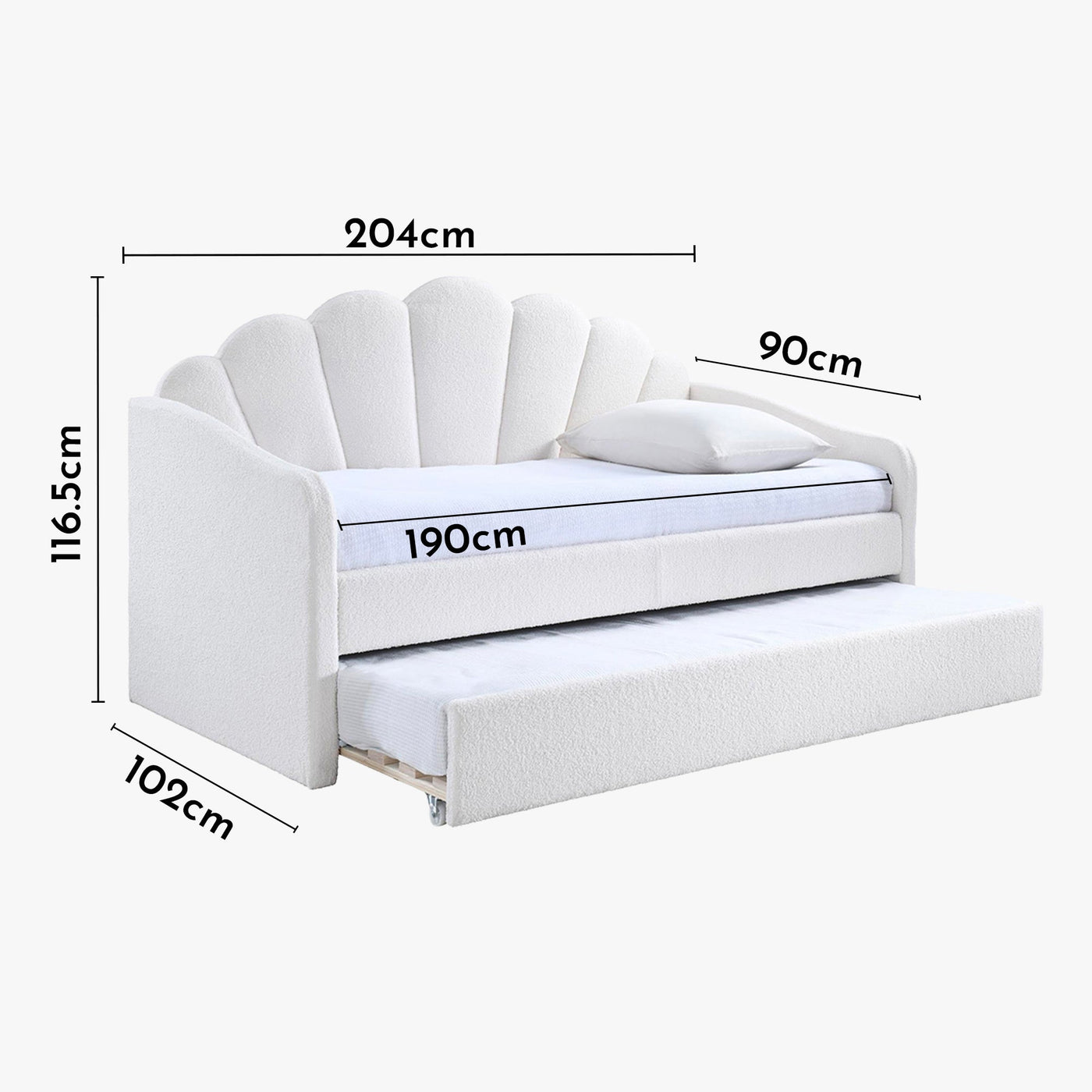 QUEEN Lit gigogne en tissu bouclette blanc écru 90x190 cm - Lit enfant - Mobilier Deco