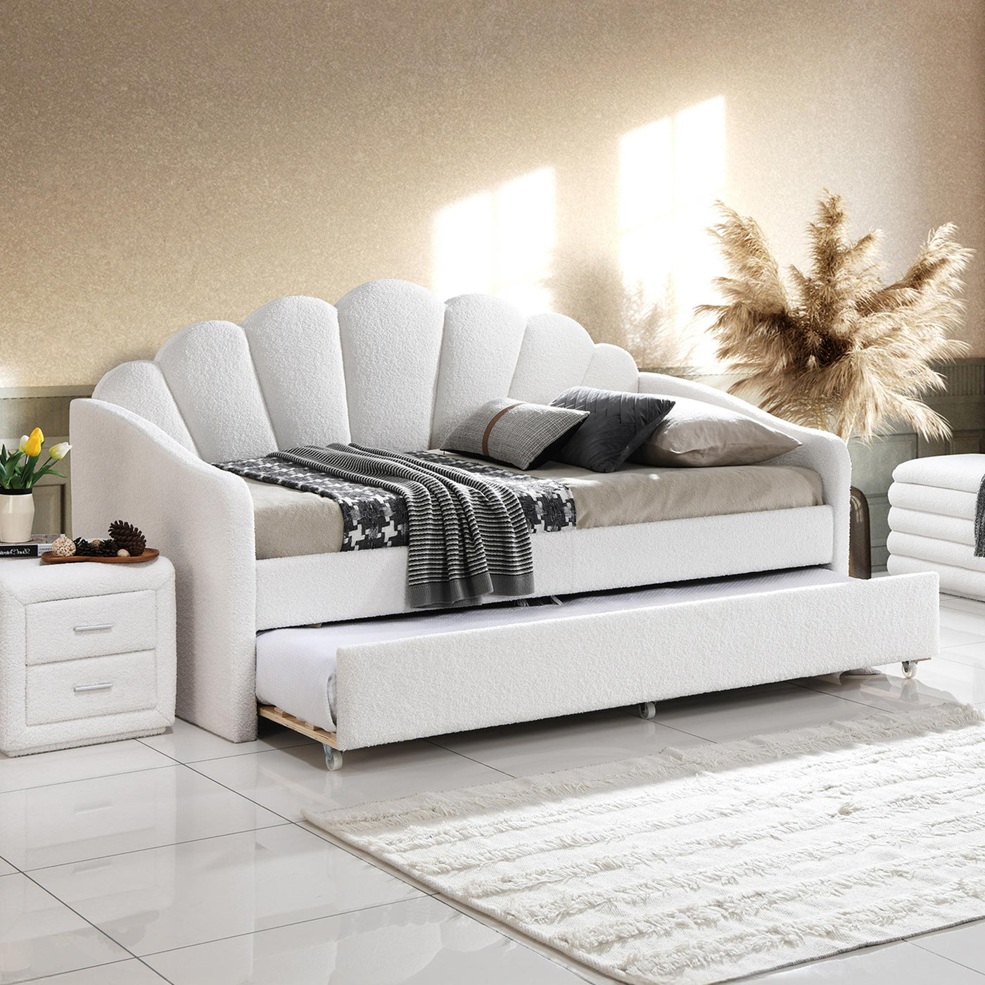 QUEEN Lit gigogne en tissu bouclette blanc écru 90x190 cm - Lit enfant - Mobilier Deco