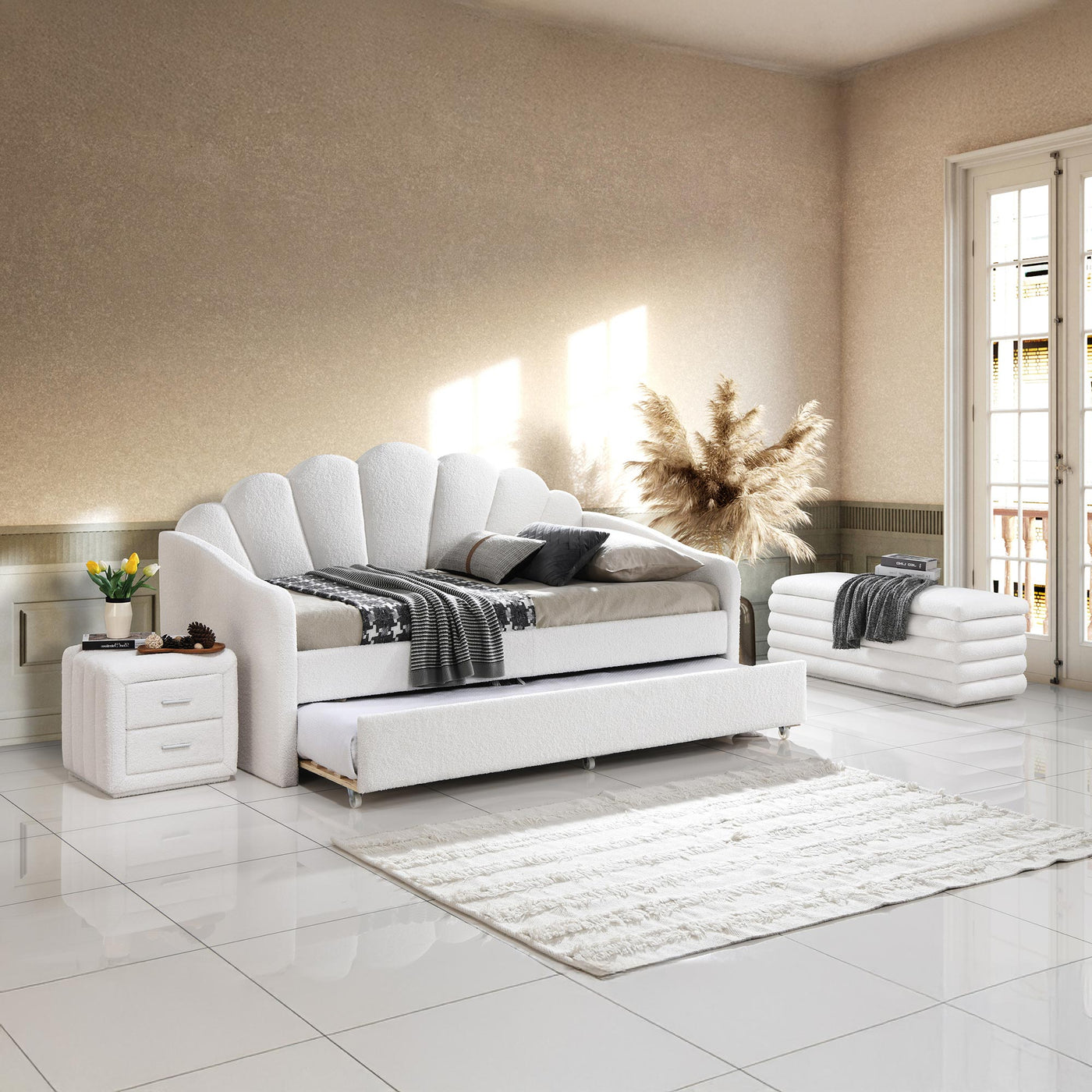 QUEEN Lit gigogne en tissu bouclette blanc écru 90x190 cm - Lit enfant - Mobilier Deco