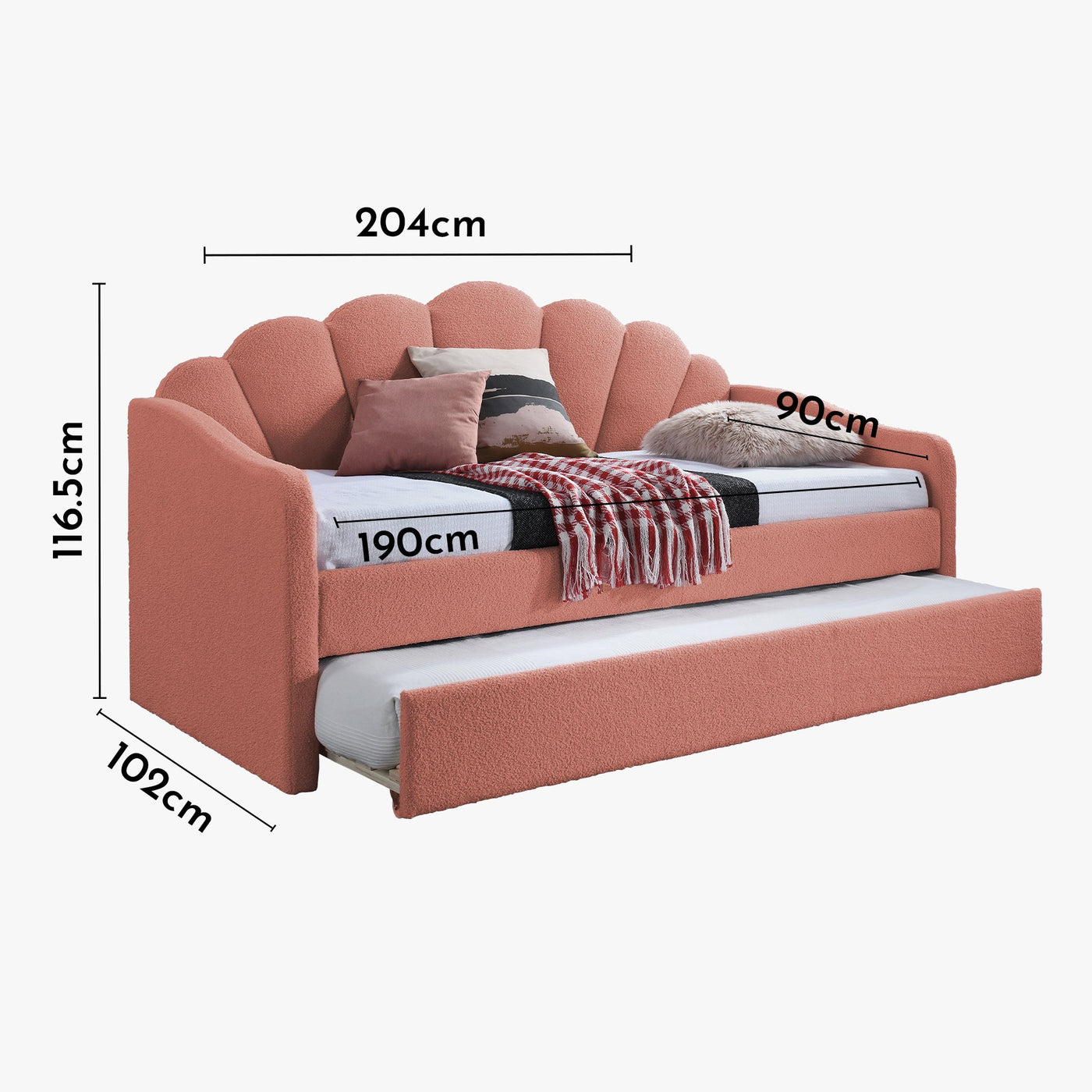 QUEEN Lit gigogne en tissu bouclette rose 90x190 cm - Lit enfant - Mobilier Deco