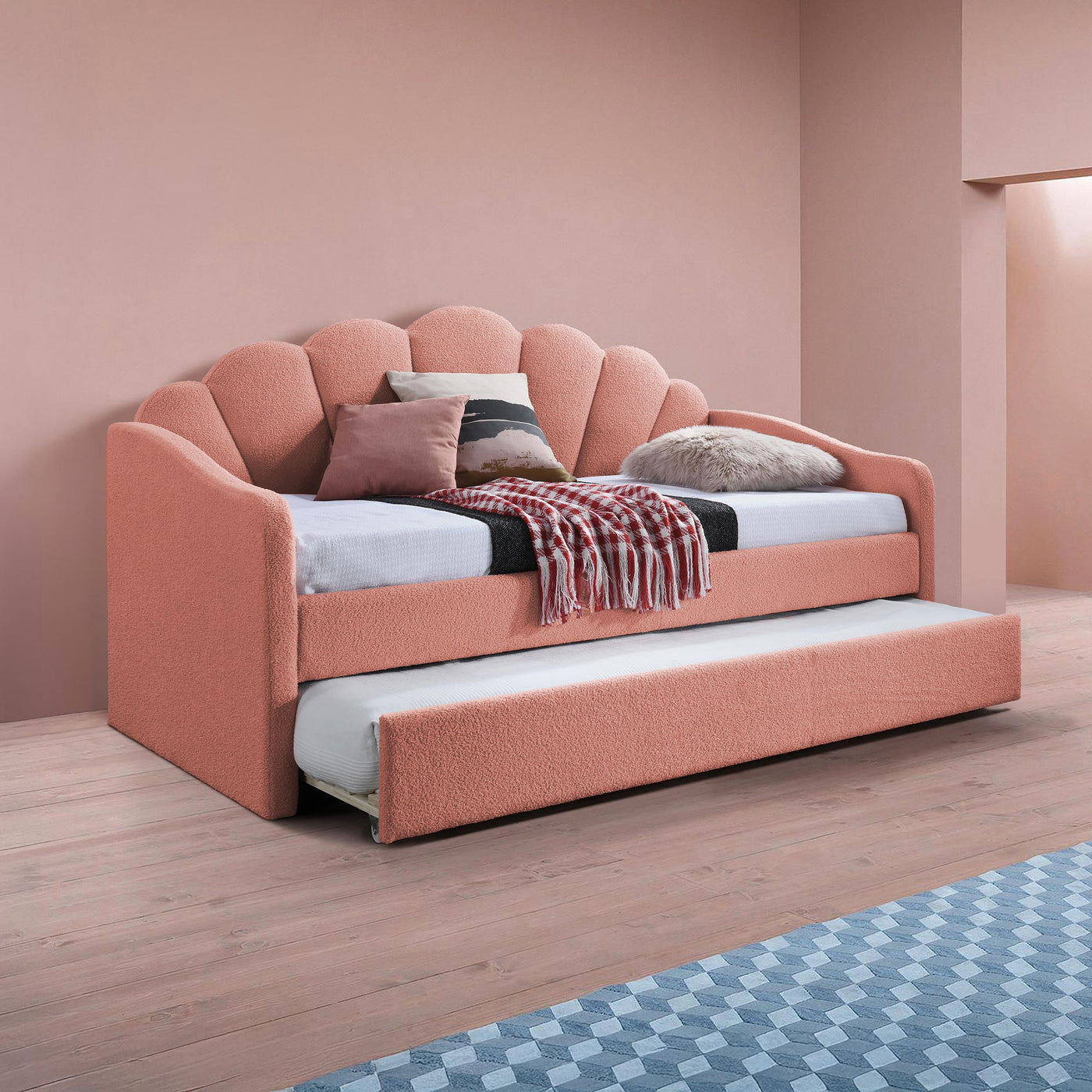 QUEEN Lit gigogne en tissu bouclette rose 90x190 cm - Lit enfant - Mobilier Deco