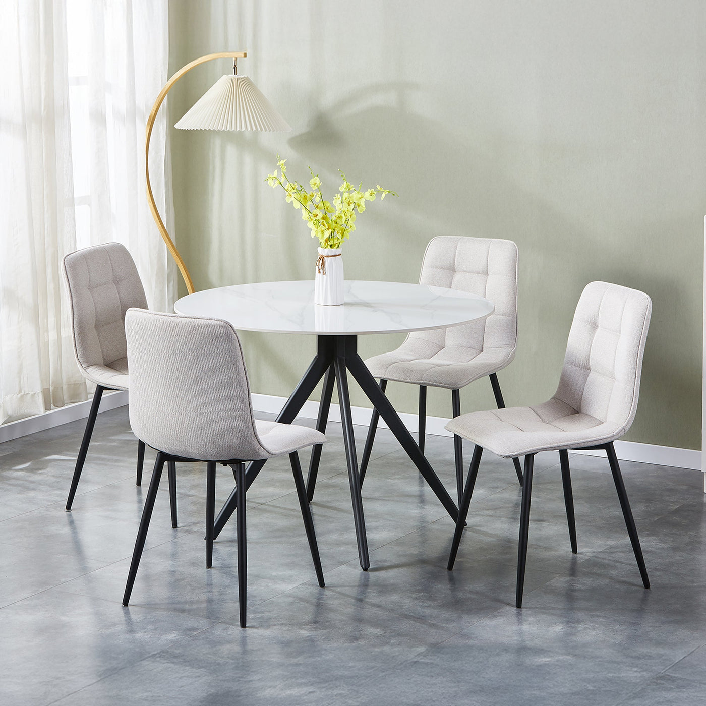 RANA Lot de 4 chaises en tissu blanc écru pieds en métal noir - Chaise de repas - Mobilier Deco