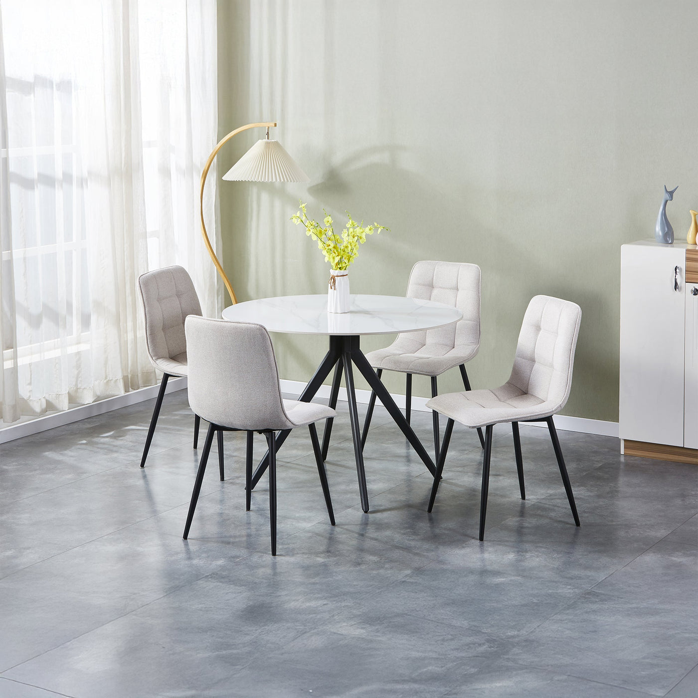 RANA Lot de 4 chaises en tissu blanc écru pieds en métal noir - Chaise de repas - Mobilier Deco