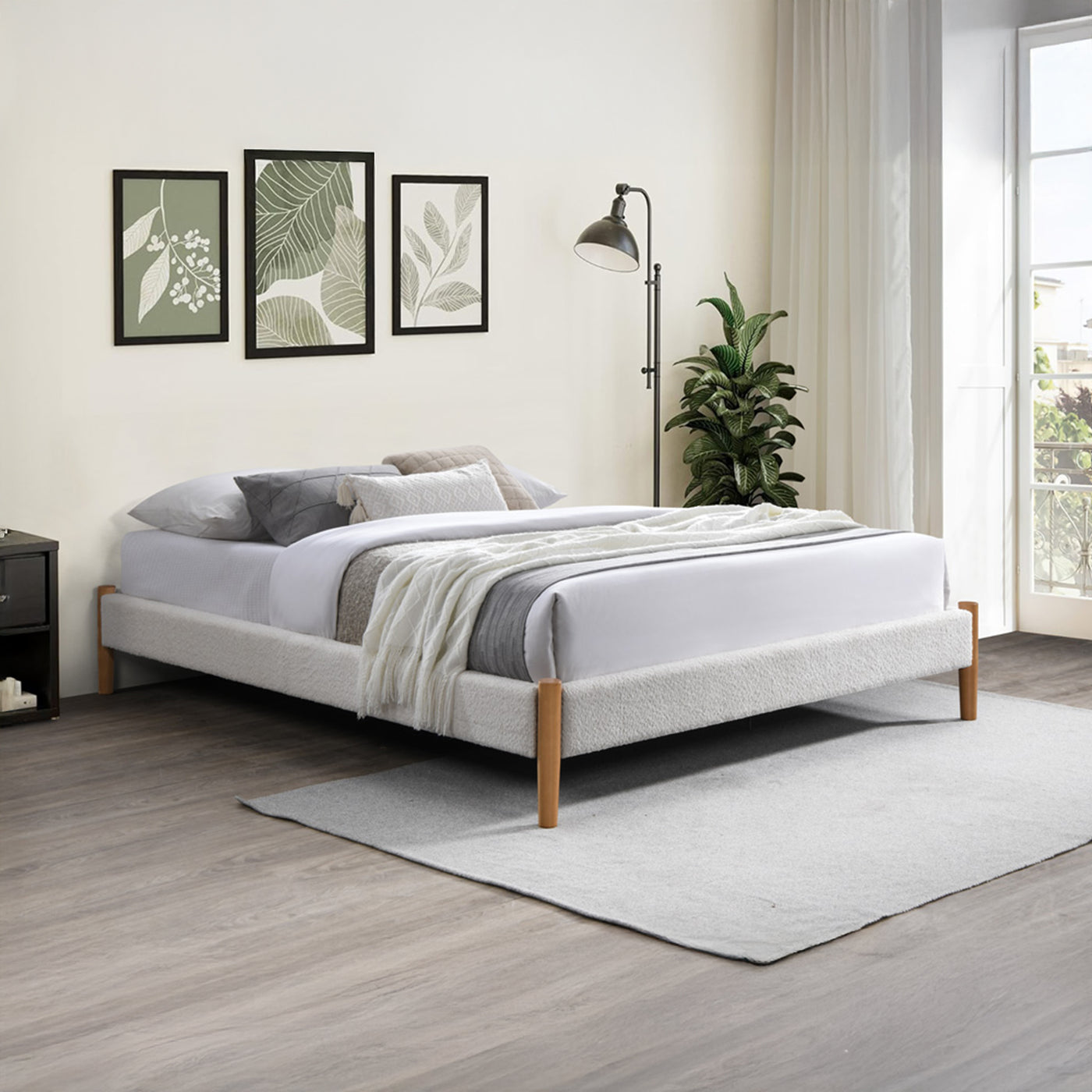 RAYA Lit double tissu bouclette blanc pieds en bois 160x200 cm