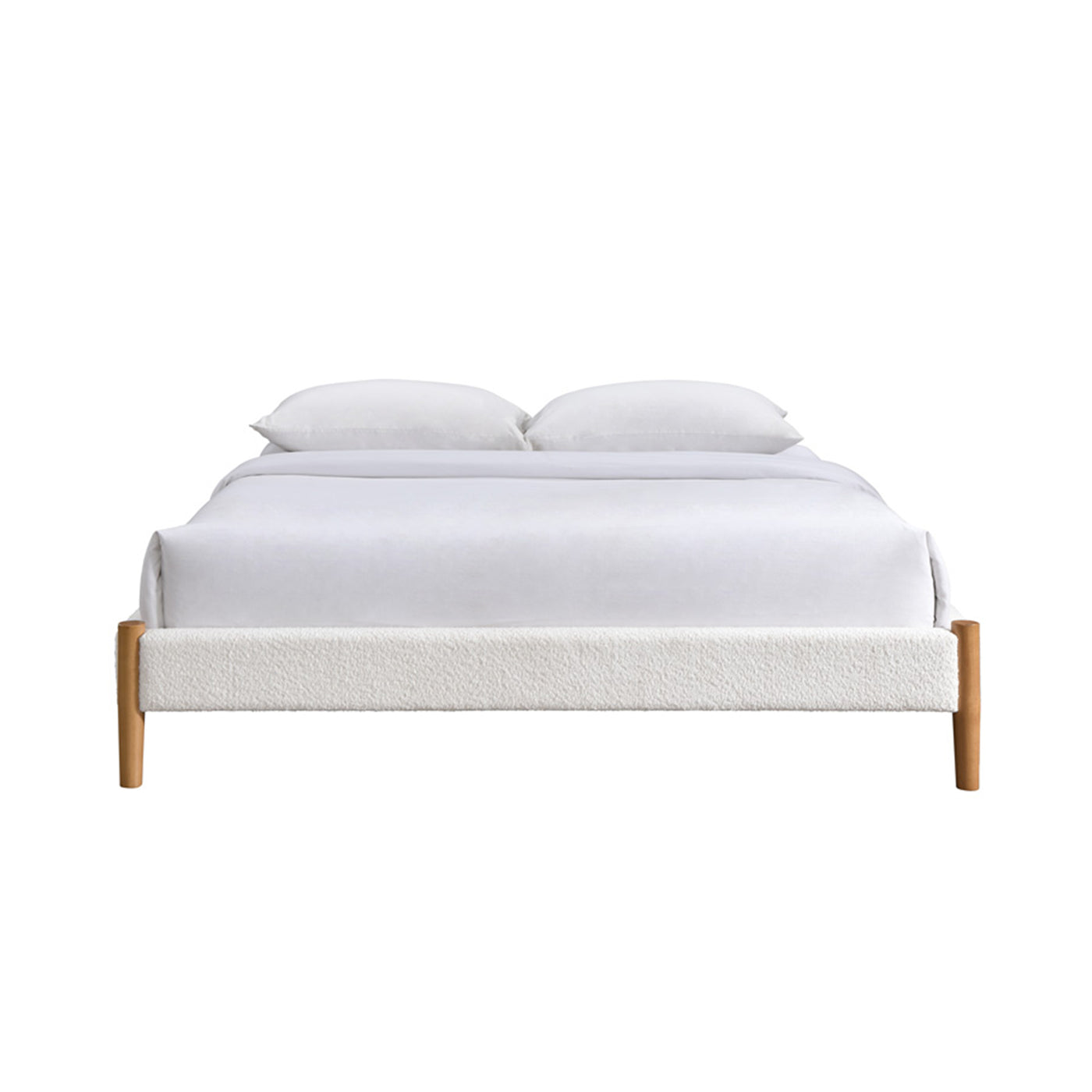 RAYA Lit double tissu bouclette blanc pieds en bois 160x200 cm
