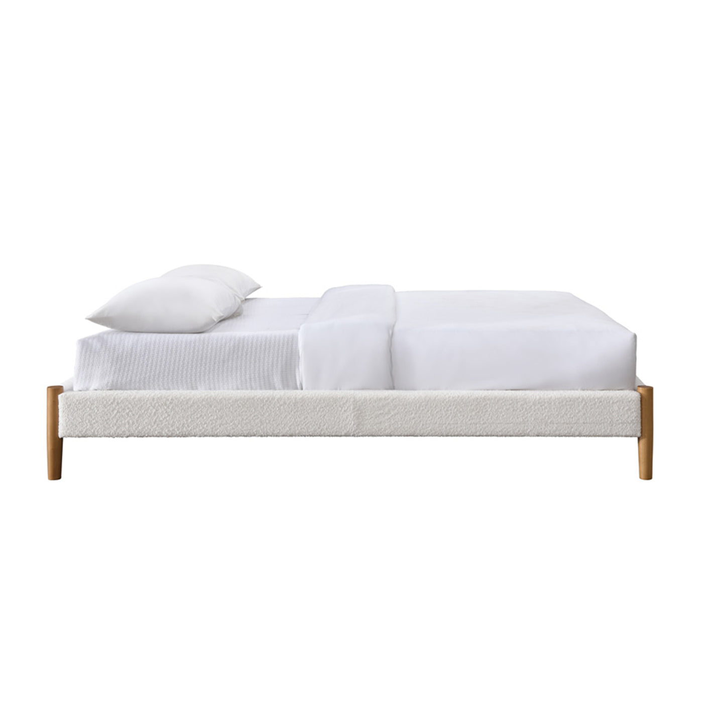 RAYA Lit double tissu bouclette blanc pieds en bois 160x200 cm