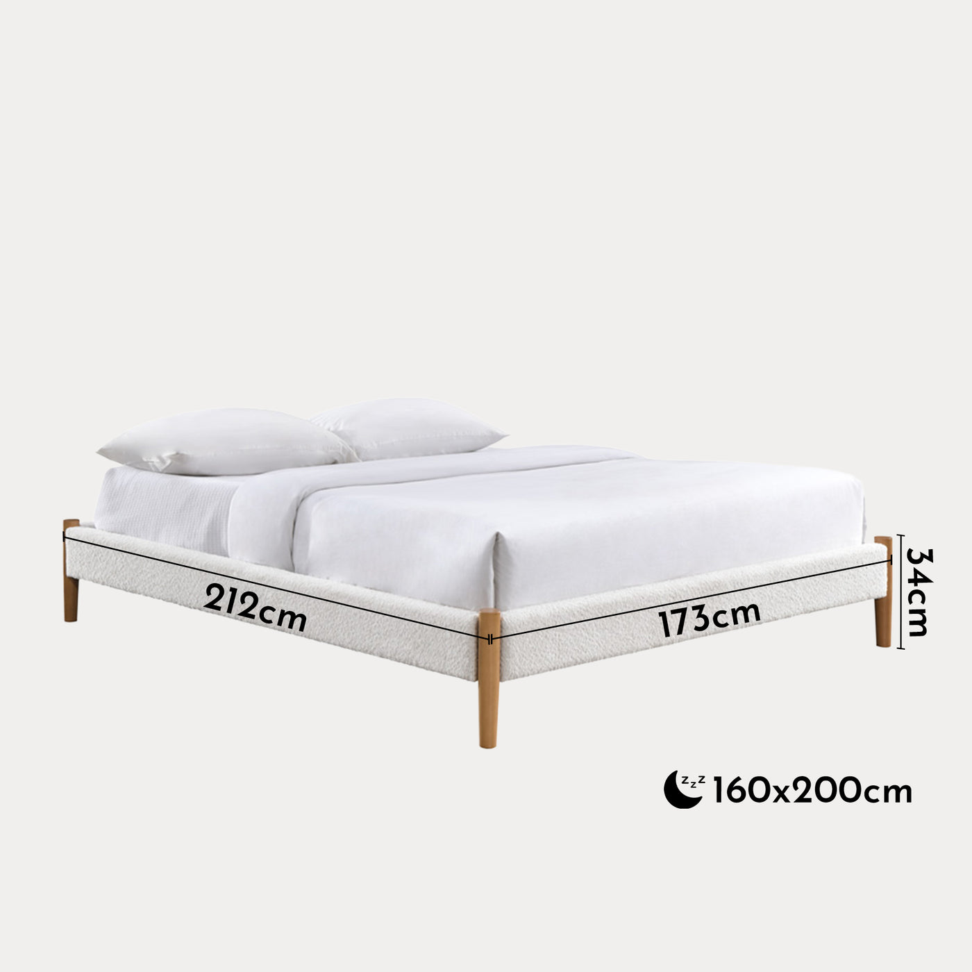 RAYA Lit double tissu bouclette blanc pieds en bois 160x200 cm