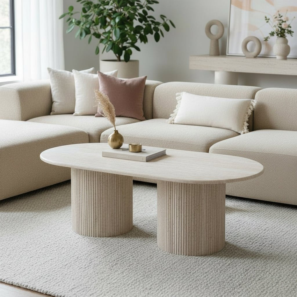 RINA Table basse ovale en granite couleur travertin 120 cm - Table basse - Mobilier Deco