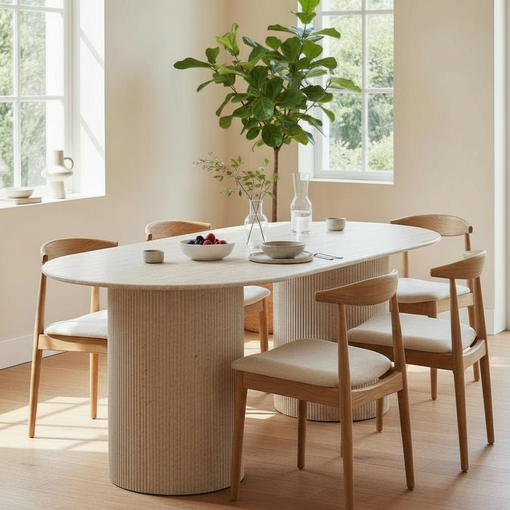 RINA XL Table à manger ovale en granite couleur travertin 180 cm - Table à manger - Mobilier Deco